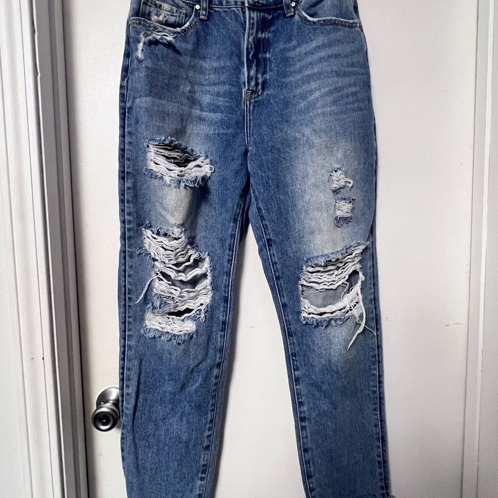 Trendy Ripped Blue Women's Straight Leg Jeans - Picture 2 of 8